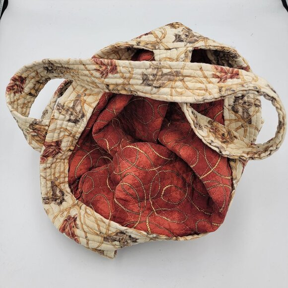 Vtg Quilted Horse Print Tote Bag With Reversible Interior Red Rope Pattern - Picture 2 of 16